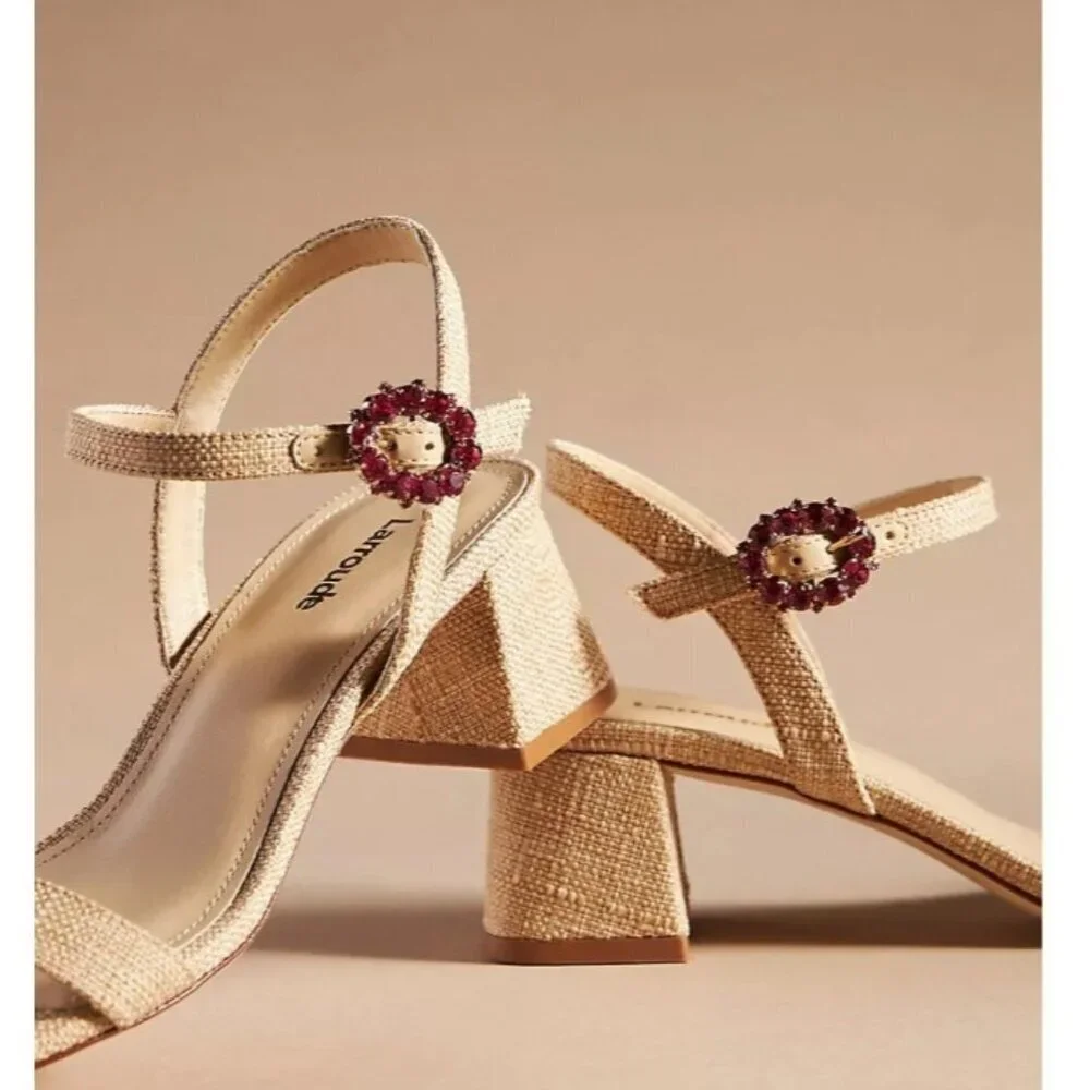 Larroude Selena 45MM Raffia Block-Heel Sandals Size 7